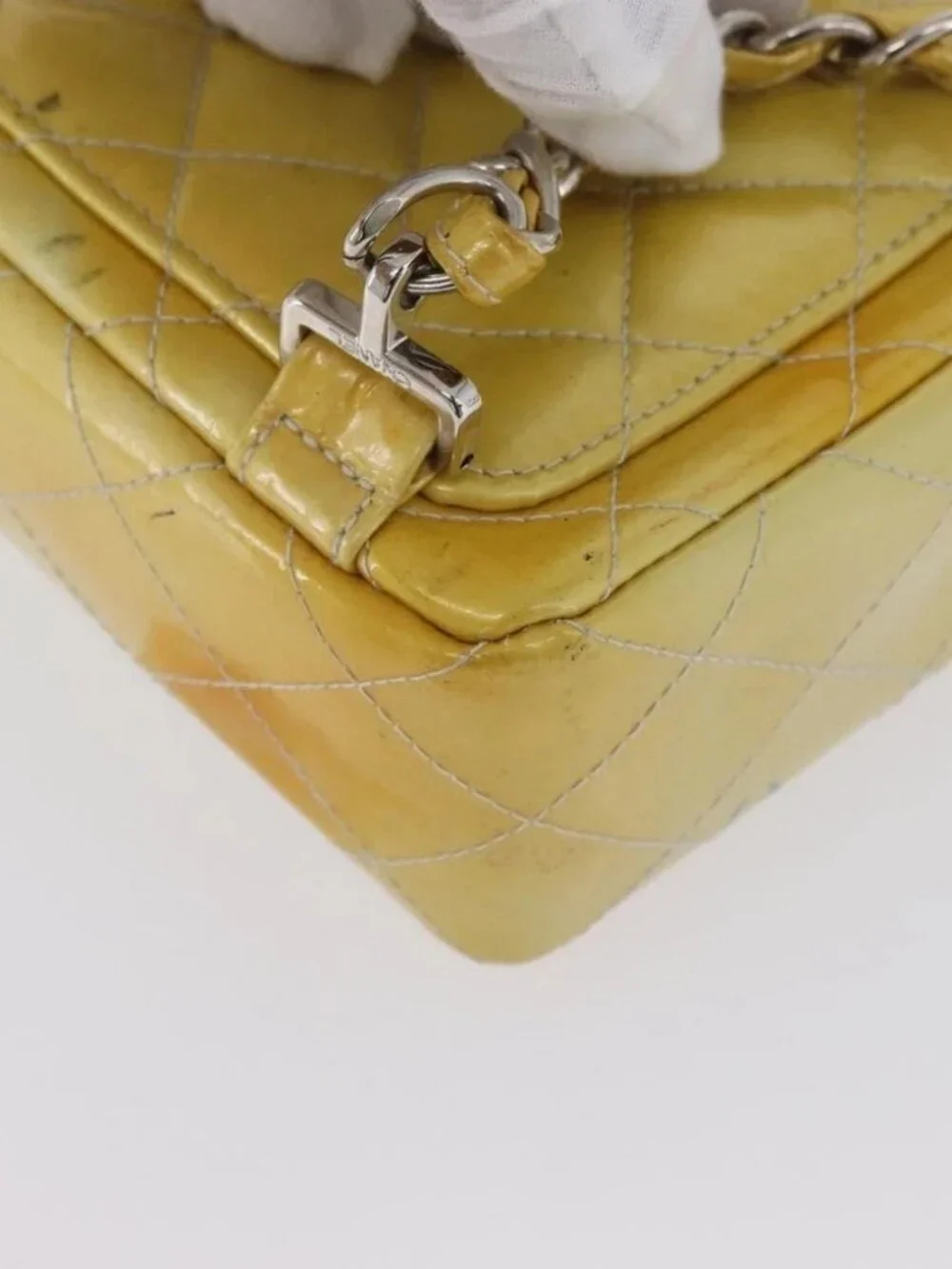 CHANEL Matelasse Backpack Patent leather Yellow Silver CC Auth 89374